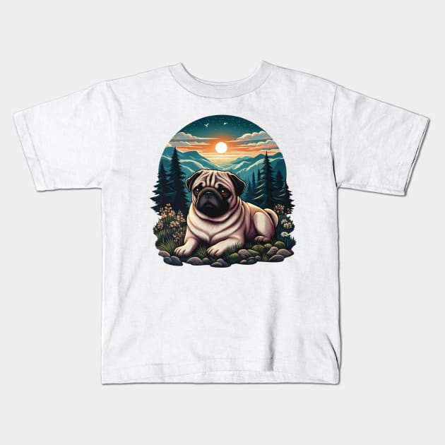 pug dog in the wild during sunset Kids T-Shirt by Arteria6e9Vena